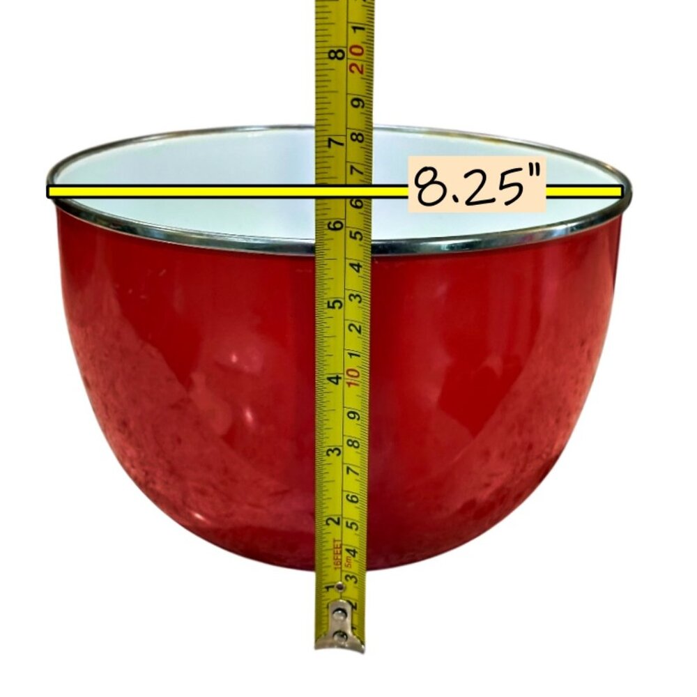 VTG Red Enamel Mixing Bowl w Silver Rim 8.25 x 5.5 Inches Mid Century Farmhouse - Picture 8 of 8